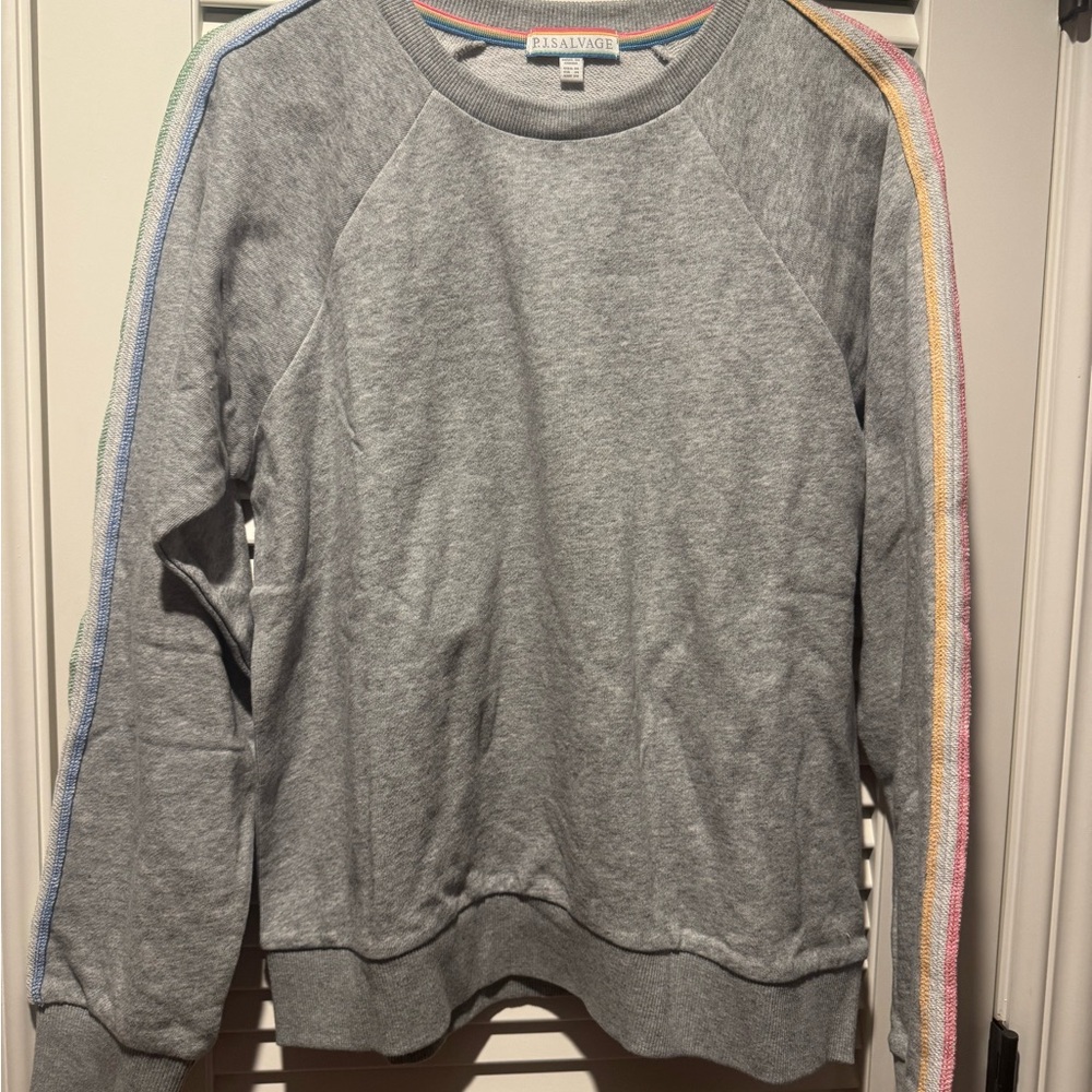P.J. Salvage Gray Crewneck Sweater with Colorful Stripes
